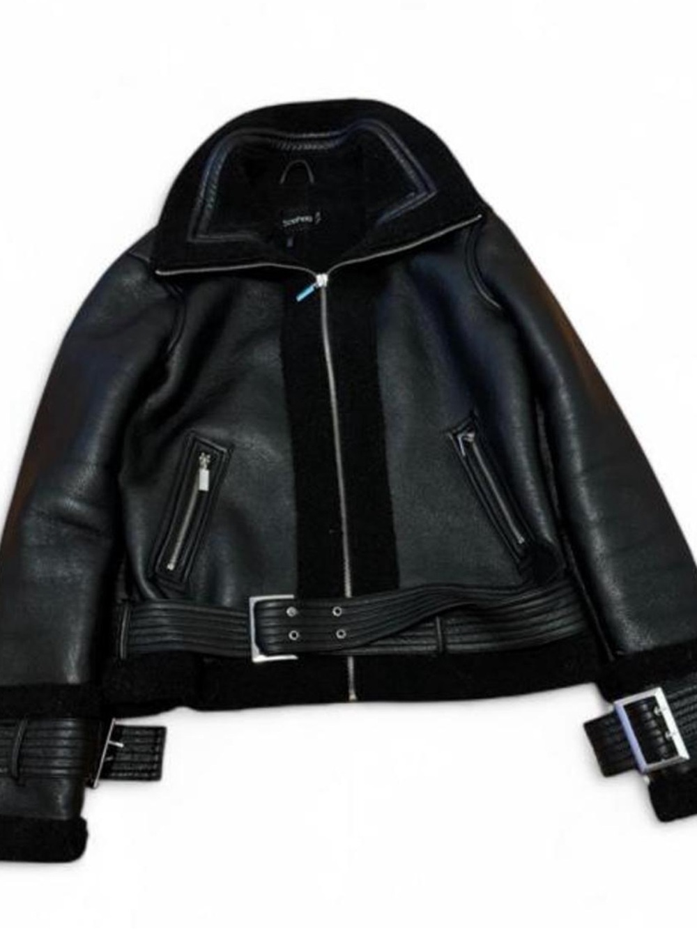 Boohoo Black Shearling-Trim Biker Jacket